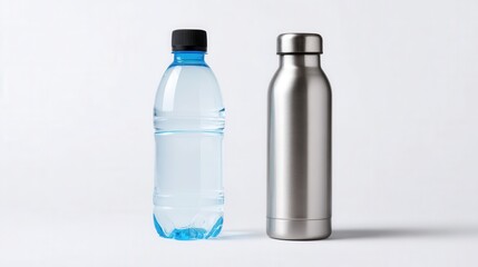 Comparison of Disposable Plastic Water Bottle and Stainless Steel Water Bottle on Minimalist Background