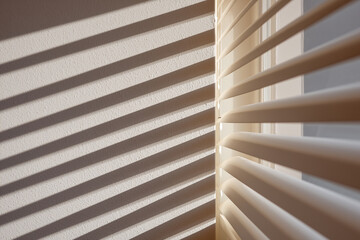 Light and shadow interplay from window blinds on a textured wall