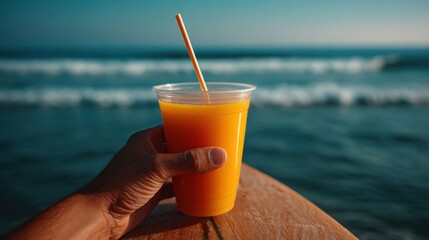 Person Holding a Plastic Cup with Orange Drink Near the Ocean Shore During Bright Sunny Day