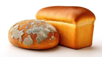 Fresh Loaf of Bread Beside Moldy Loaf Indicating Food Storage and Freshness Issues in a Kitchen Setting