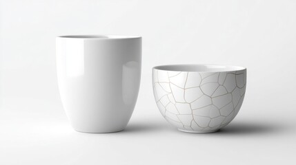 Glossy Modern Coffee Cup Beside Chipped Cracked Bowl on Minimalist Background