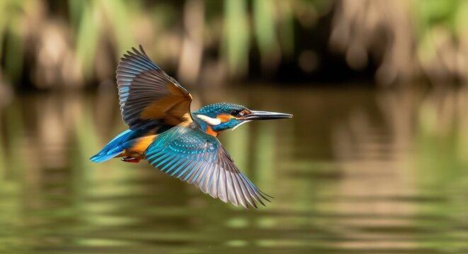 Common kingfisher bird in fast flight over a calm river showing vibrant blue and orange feathers - Powered by Adobe