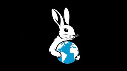 Obraz premium White Rabbit Holding Blue Globe on Black Background