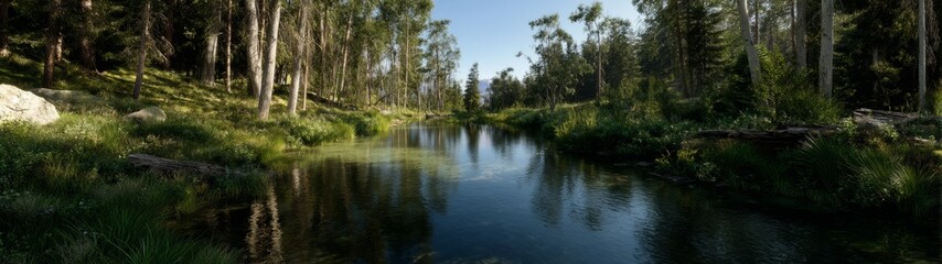 Obraz premium Serene river flowing through lush forest hdr panoramic view