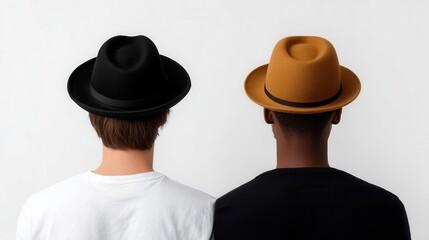 Two People Wearing Different Hats Facing Away Against a Clean Background