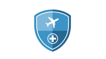 Medical travel protection shield emblem with airplane and cross.