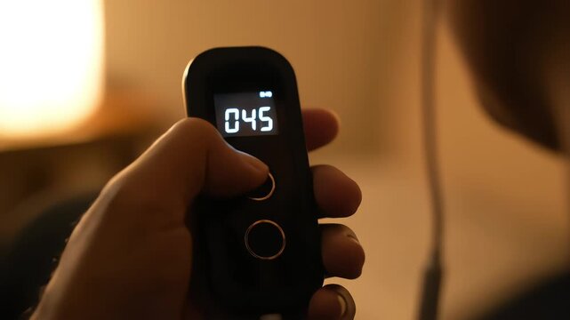 Close-up of a hand holding a small black electronic device, pressing a button to operate a digital counter. The numbers on the screen change, shown in a warmly lit, soft-focus indoor environment