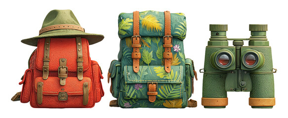 Obraz premium Vibrant Summer Jungle Vacation Gear Concept with Backpacks and Binoculars