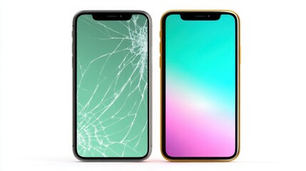 Cracked Smartphone Screen Next to Unblemished Device on White Background