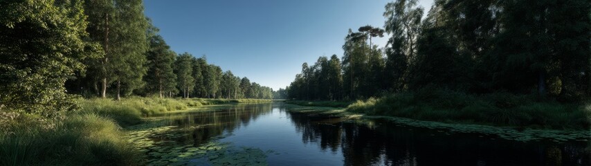Fototapeta premium Scenic river panorama at dawn nature hdr landscape view