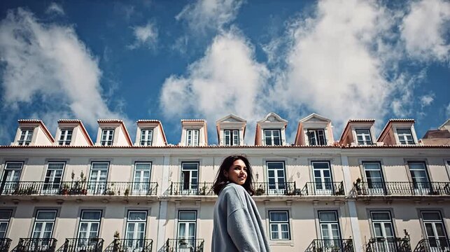 Woman standing in front of row of buildings