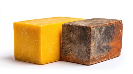 Fresh Block of Yellow and Aged Cheese on White Background Perfect for Culinary or Food Photography