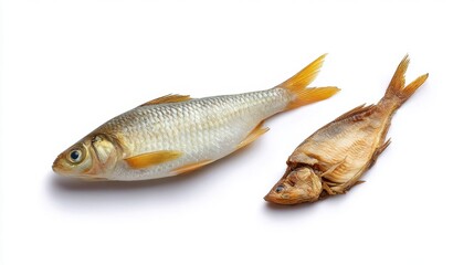 Fresh Fish Next to Rotting Fish on a White Background, Emphasizing Contrast and Visual Impact