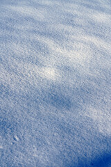 Wide shot of fresh sparkling snow texture with soft drifts in sunlight