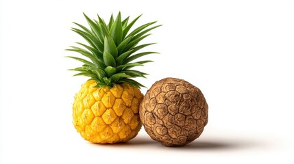 Fresh Pineapple Next to a Dried Pineapple on a Clean White Background