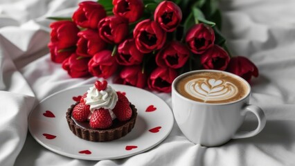 Romantic breakfast setup with strawberry tart and heart latte