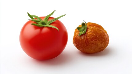 Fresh Red Tomato Beside Dehydrated Orange Squash on White Background for Culinary and Food Photography