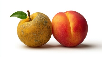 Fresh Peach Next to Moldy Peach Illustrating Contrast of Freshness and Decay in Fruits