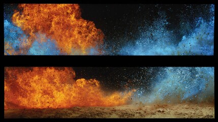 Explosive Chemical Reaction With Orange Flames, Blue Zones, and Energy Release in a Controlled Burn for Educational Safety Materials