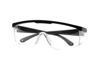 ultra-detailed macro shot of modern clear polycarbonate safety glasses (ppe) with black rubber grips, isolated on a transparent background, clean product photography concept for workplace safety