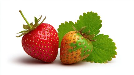 Fresh Ripe Strawberry Beside Moldy Strawberry and Green Leaves on White Background