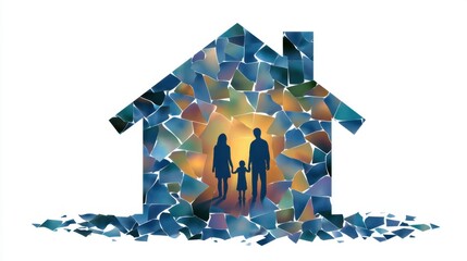 Abstract silhouette of a house made of shattered pieces symbolizing broken dreams and family connections