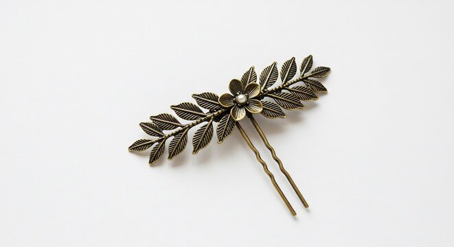 アンティーク調の繊細なヘアピンが白背景に優雅に映える葉と花のデザインが施され柔らかな光を浴びて美しく輝く特別な日を飾る髪飾り. AI Generated