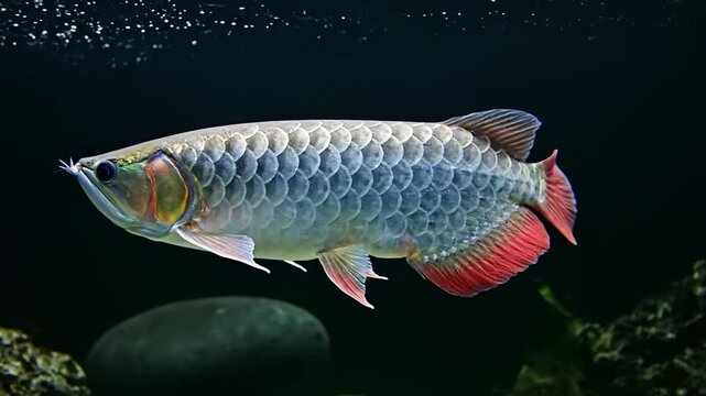 A vibrant silver arowana swims in dark water with red fins and tail in a serene aquatic environment video