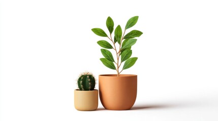 Small Potted Cactus and Tall Leafy Plant in Natural Pots for Modern Home Decor