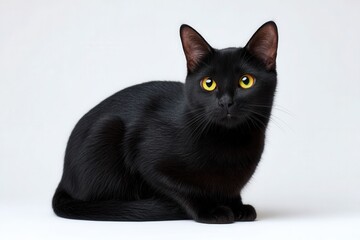 Sleek Bombay Cat in Studio Portrait Setting with Striking Yellow Eyes and Glossy Black Fur