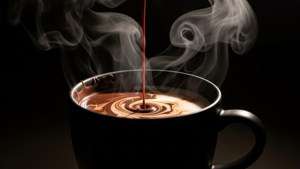 Dark chocolate syrup pouring into steaming mug of hot milk