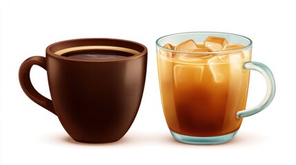 Two Cups of Coffee Side by Side: One Hot Black Coffee and One Iced Coffee with Ice Cubes