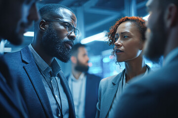 A focused discussion among professionals in a modern setting, highlighting engagement and collaboration.