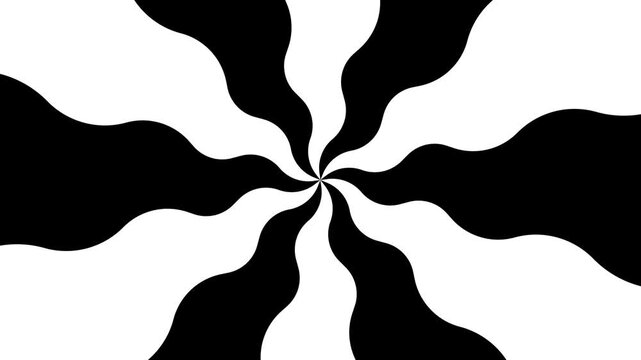 4k seamless looping slowly rotating spiral abstract sun pattern optical illusion background set. Black and white striped pattern. Circular swirl geometric tunnel hypnotic psychedelic BG.