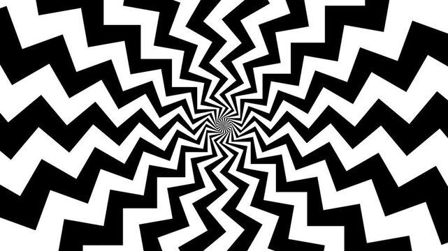 4k seamless looping spiral black and white zig zag pattern, vertical background with optical illusion effect background set. Black and white striped pattern. Circular geometric tunnel