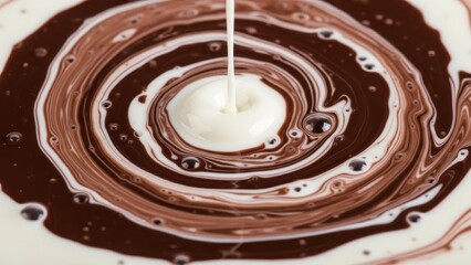 White cream pouring into dark chocolate pool creating circular ripples and small air bubbles
