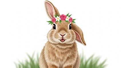 明るい光の中花冠をつけた可愛い子ウサギが優しく微笑む春の訪れを感じさせる美しいイラストレーション. AI Generated