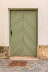 Closed Wooden Green Door at Building in Budapest Hungary