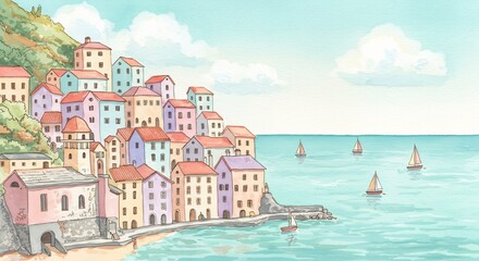 柔らかな水彩画のタッチで描かれた絵画のような海沿いの街並み。明るい日差しを浴びるカラフルな家々が丘の斜面に立ち並び澄み渡る青い海に優雅なヨットが浮かぶ。. AI Generated
