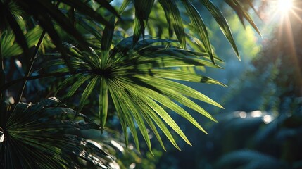 Obraz premium Sunlight Streaming Through Vibrant Palm Leaves in Lush Natural Environment