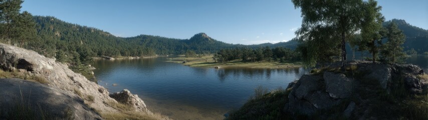 Panoramic hdr landscape view of serene lake in nature