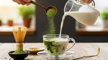 Pouring milk into matcha powder to prepare green tea latte in cup
