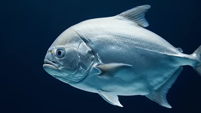 A large silver fish swims through dark blue water in this stunning underwater video
