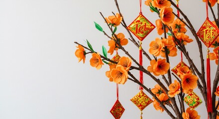 柔らかな光の中で輝く鮮やかなオレンジ色の花が咲き乱れる枝に赤い伝統飾りと金のお守りが美しく揺れ動き旧正月を祝う華やかなアジアの装飾. AI Generated