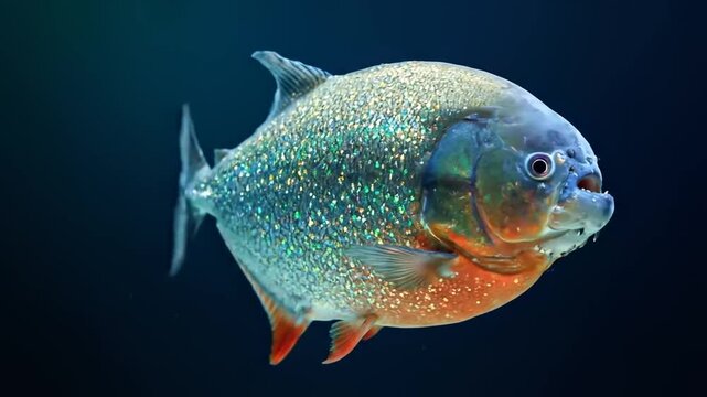 A vibrant piranha swims through dark waters in this stunning underwater video