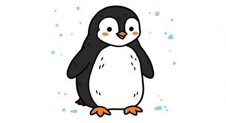明るい笑顔の愛らしいペンギンシンプルな線画で描かれた親しみやすいキャラクターが白い空間に立つ. AI Generated