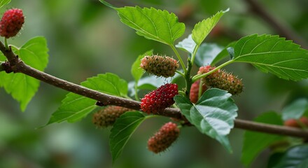 柔らかな木漏れ日が優しく降り注ぐ桑の枝 鮮やかな緑の葉と赤く熟し始める実が美しいコントラストを生み出し生命力に満ちて輝く自然の風景. AI Generated