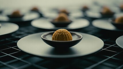 Close-up of a single yellow textured pastry on a light plate with repeating background food dessert