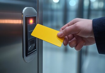 A hand holds a yellow access card near an elevator panel with a red light, indicating security access in a modern building.