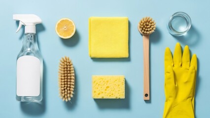 明るい光に照らされ青い背景に並ぶ黄色いエコ掃除用品は清潔感あふれる爽やかな印象を与える. AI Generated